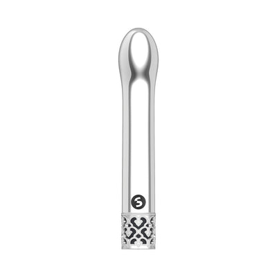 Sleek gunmetal gray Royal Gems G-spot vibrator with curved tip and decorative filigree base.