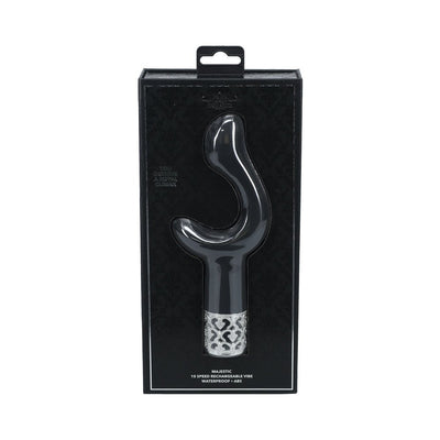 Black Royal Gems Majestic silicone rechargeable vibrator in sleek packaging with decorative silver base detail.