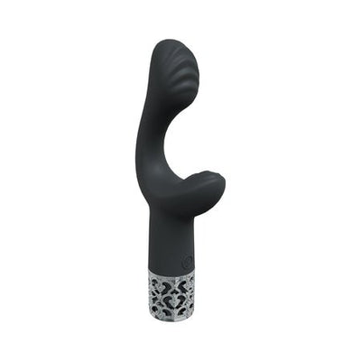 Black silicone rechargeable vibrator with curved design and decorative silver base detailing.
