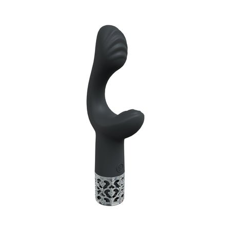 Black silicone rechargeable vibrator with curved design and decorative silver base detailing.