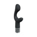 Black silicone rechargeable vibrator with contoured G-spot and clitoral stimulator, featuring a decorative silver base.
