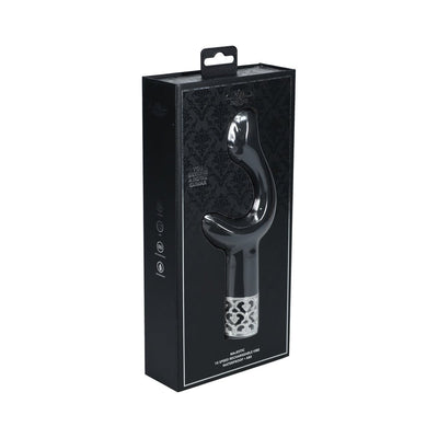 Black Royal Gems Majestic silicone vibrator in sleek packaging with decorative silver handle detail.