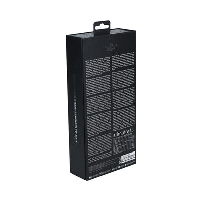 Black packaging box of Royal Gems Majestic Silicone Rechargeable Vibrator with product details and multilingual text on the back.