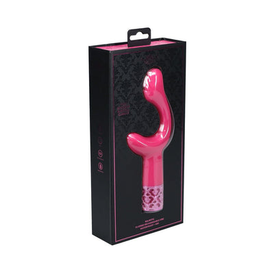 Pink Royal Gems Majestic silicone rechargeable vibrator in black and pink decorative packaging box.