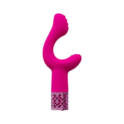 Bright pink silicone vibrator with curved dual-stimulation design and decorative silver base detailing.