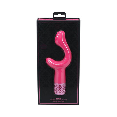 Pink Royal Gems Majestic silicone rechargeable vibrator in black and pink decorative packaging.