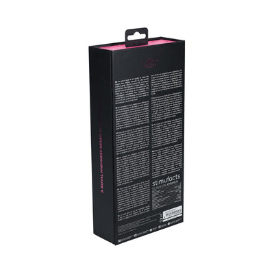 Black and pink packaging box of the Royal Gems Majestic Silicone Rechargeable Vibrator with product details on the back.