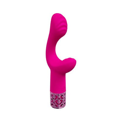 Bright pink silicone vibrator with curved G-spot design and decorative silver base with intricate patterns.