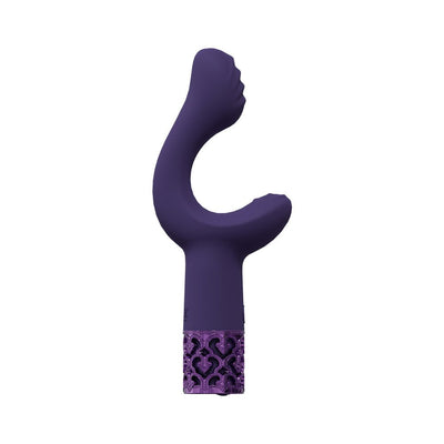 Purple silicone rechargeable vibrator with curved dual stimulation arms and decorative textured base.