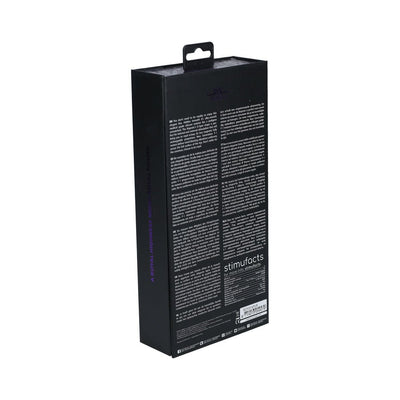 Black rectangular packaging box for Royal Gems Majestic Silicone Rechargeable Vibrator with multilingual product information on the back.