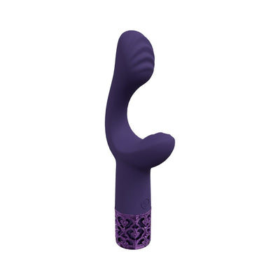 Purple silicone rechargeable vibrator with contoured G-spot and external stimulator, featuring decorative royal-inspired base.