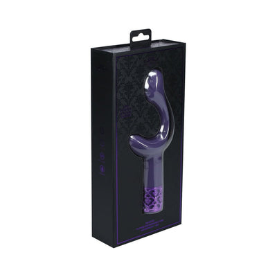 Purple Royal Gems Majestic silicone rechargeable vibrator in black packaging with decorative purple accents.