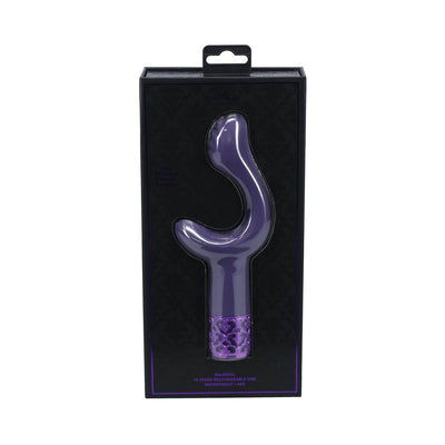 Purple curved silicone vibrator with decorative base in black and purple retail packaging.