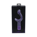 Purple curved silicone vibrator with decorative base in black and purple retail packaging.