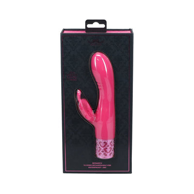 Pink dual-stimulation rechargeable vibrator in black and pink decorative packaging with butterfly-inspired design.