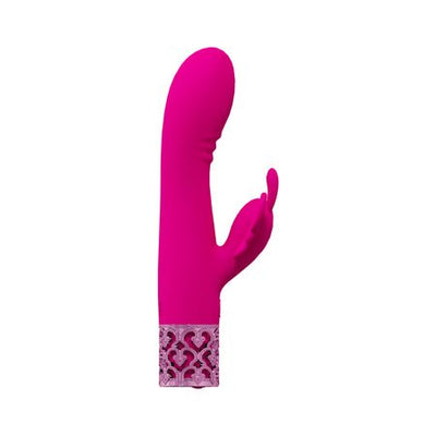 Pink silicone rechargeable vibrator with curved tip and butterfly-shaped clitoral stimulator, decorative base design.