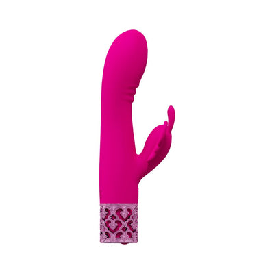 Pink silicone rechargeable vibrator with textured shaft and decorative base, designed for dual stimulation.