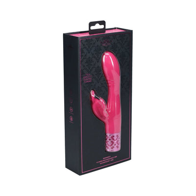 Pink Royal Gems Monarch silicone vibrator in black and pink packaging with decorative accents and clear product window.