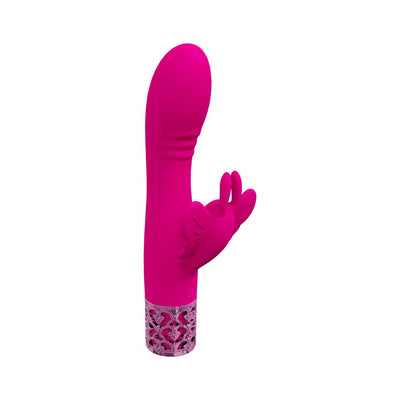 Pink silicone rechargeable vibrator with butterfly-shaped clitoral stimulator and decorative silver base.