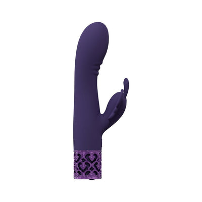 Purple silicone vibrator with curved tip and textured base, featuring dual stimulation design and decorative royal pattern.