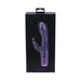 Purple silicone rechargeable vibrator with dual stimulation and decorative base in black packaging.