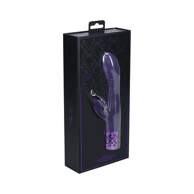 Purple Royal Gems Monarch silicone rechargeable vibrator in black and purple packaging with decorative design.