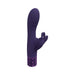 Purple silicone rechargeable vibrator with butterfly-shaped clitoral stimulator and decorative base.