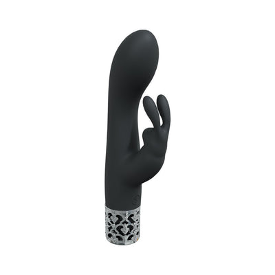 Black silicone Royal Rabbit vibrator with dual stimulation arms and decorative silver base detailing.