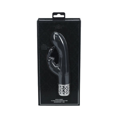 Black Royal Gems Royal Rabbit silicone vibrator in elegant black packaging with silver decorative base detail.