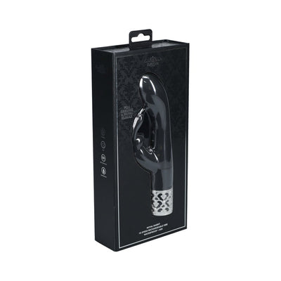 Black Royal Gems Royal Rabbit silicone vibrator in sleek packaging with decorative silver accents and product details.