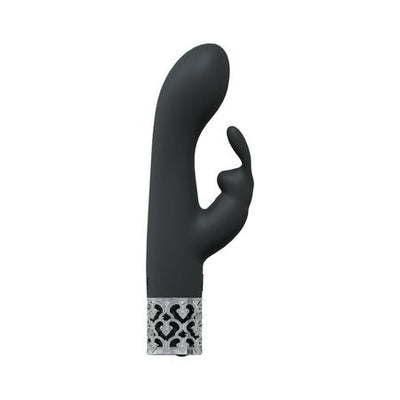 Black Royal Gems Royal Rabbit vibrator with sleek silicone finish and decorative silver base.
