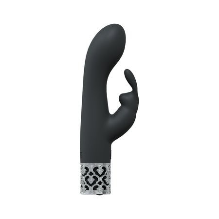 Black Royal Gems Royal Rabbit vibrator with sleek silicone finish and decorative silver base.