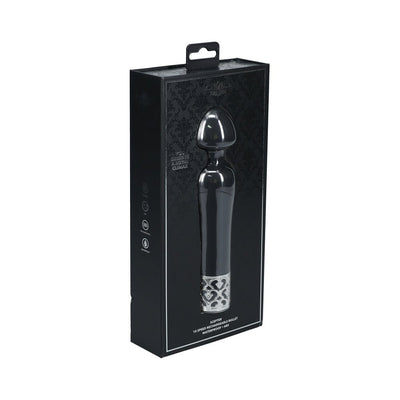 Black Royal Gems Scepter silicone rechargeable vibrator in elegant packaging with decorative silver detailing at the base.