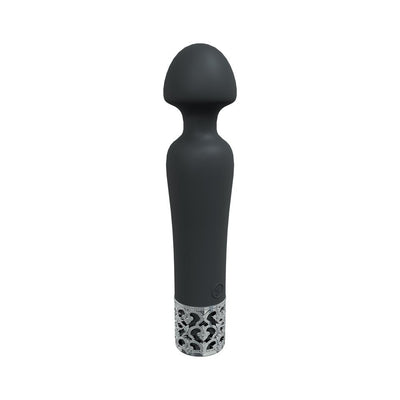 Black silicone rechargeable wand vibrator with decorative silver base and ergonomic design.