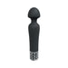 Black silicone rechargeable wand vibrator with decorative silver base and ergonomic design.