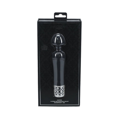 Black Royal Gems Scepter rechargeable silicone vibrator with decorative silver base in black packaging box