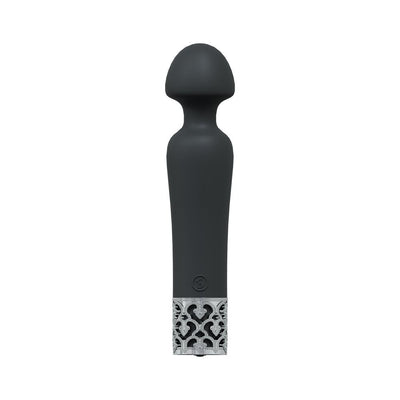 Black silicone rechargeable wand vibrator with decorative silver base and ergonomic rounded head design.