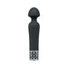 Black silicone rechargeable wand vibrator with decorative silver base and ergonomic rounded head design.