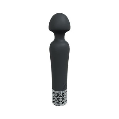 Black silicone rechargeable wand vibrator with decorative silver base and ergonomic rounded head.