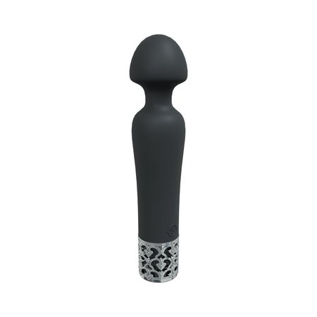 Black silicone rechargeable wand vibrator with decorative silver base and ergonomic rounded head.