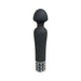 Black silicone rechargeable wand vibrator with decorative silver base and ergonomic rounded head.