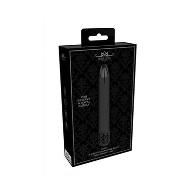 Black sleek rechargeable bullet vibrator in elegant black and gray patterned packaging with product details and branding.