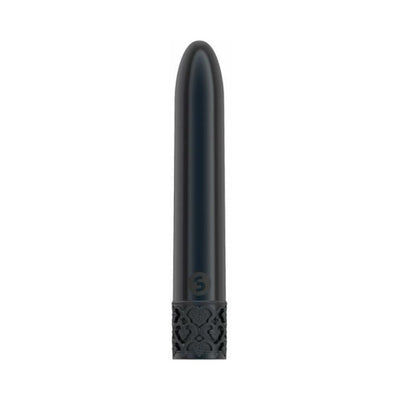 Sleek black rechargeable bullet vibrator with decorative textured base and smooth tapered tip.