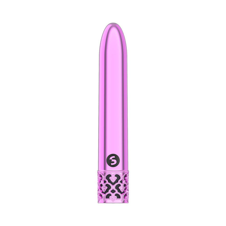 Sleek metallic pink bullet vibrator with decorative filigree base and compact slim design.