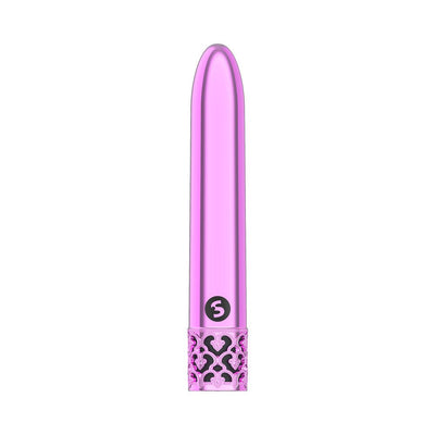 Sleek metallic pink bullet vibrator with decorative filigree base and compact slim design.