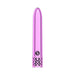 Sleek metallic pink bullet vibrator with decorative filigree base and compact slim design.