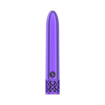 Purple sleek bullet vibrator with decorative filigree base and smooth rounded tip.