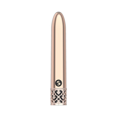 Sleek rose gold rechargeable bullet vibrator with decorative filigree base and smooth, slim design.