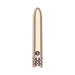 Sleek rose gold rechargeable bullet vibrator with decorative filigree base and smooth, slim design.