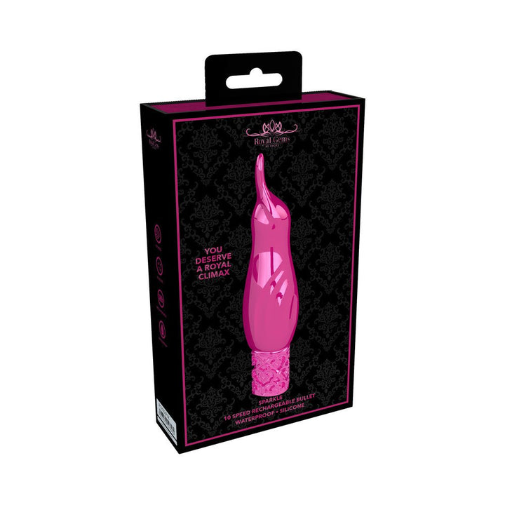Packaging of Shots Royal Gems Sparkle rechargeable pink silicone bullet vibrator with elegant design and product details.